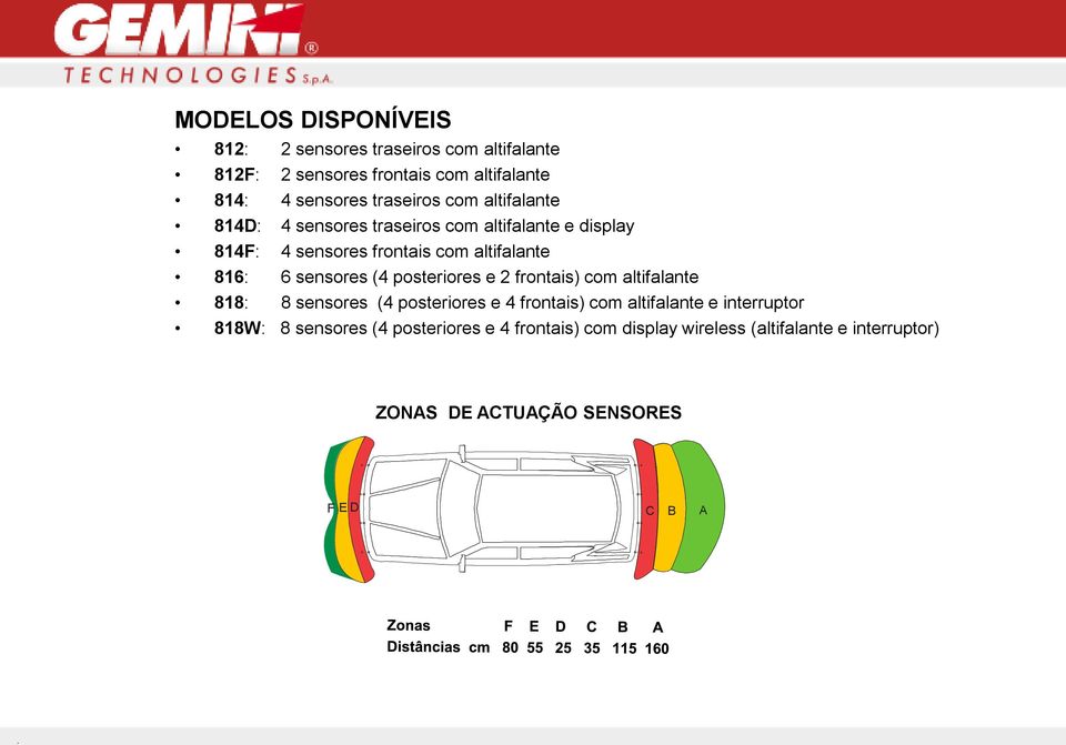 sensores (4 posteriores e 2 frontais) com altifalante 818: 8 sensores (4 posteriores e 4 frontais) com altifalante e