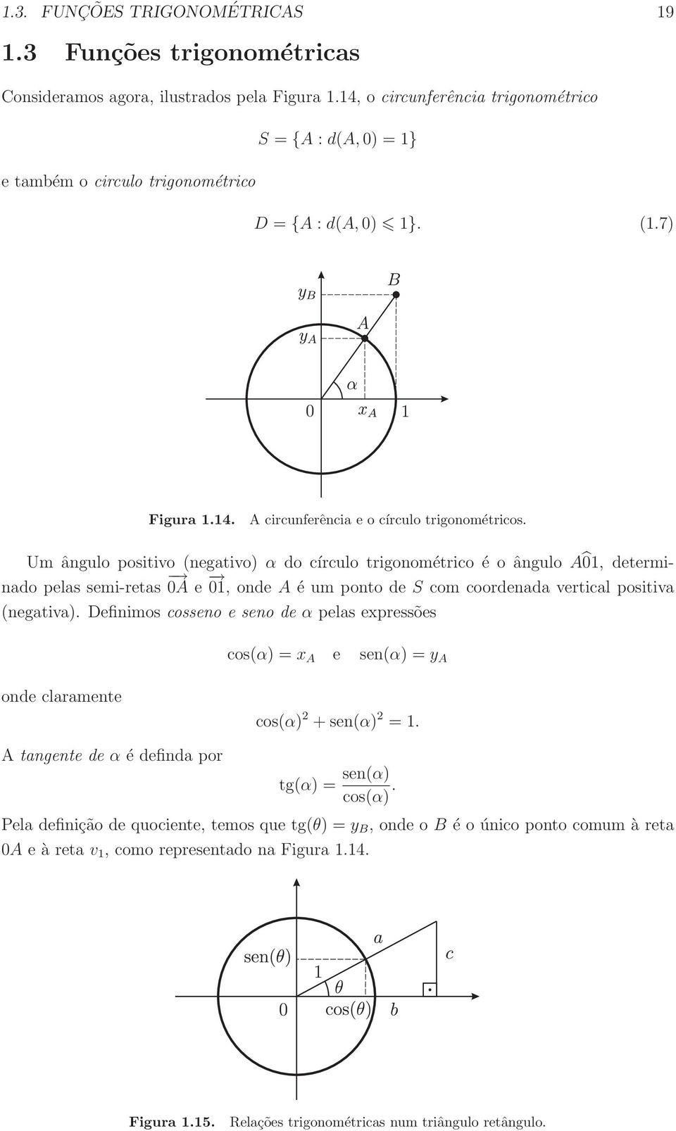 Um ângulo positivo (negativo) α do círculo trigonométrico é o ângulo A 01, determinado pelas semi-retas 0A e 01, onde A é um ponto de S com coordenada vertical positiva (negativa).