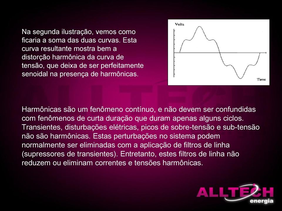 Harmônicas são um fenômeno contínuo, e não devem ser confundidas com fenômenos de curta duração que duram apenas alguns ciclos.