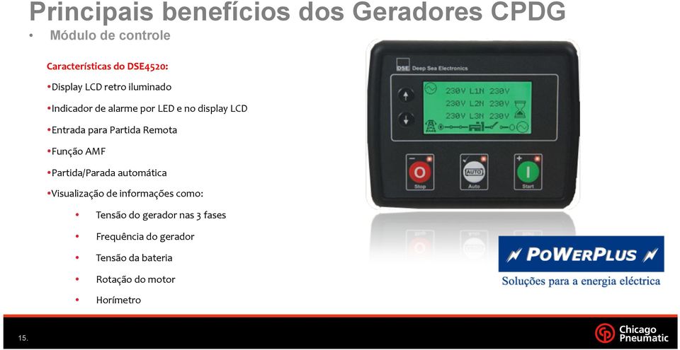 AMF Partida/Parada automática Visualização de informações como: Tensão do