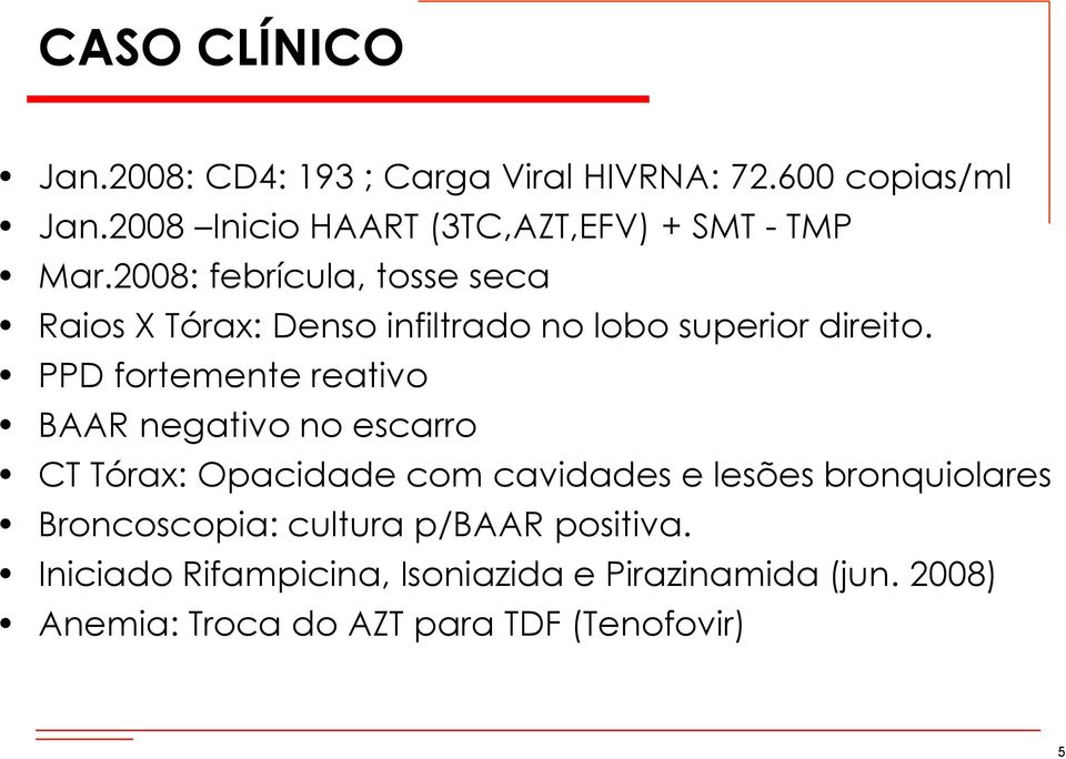 2008: febrícula, tosse seca Raios X Tórax: Denso infiltrado no lobo superior direito.