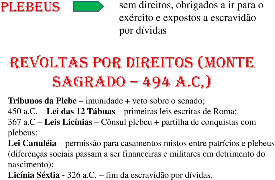 c Leis Licínias Cônsul plebeu + partilha de conquistas com plebeus; Lei Canuléia permissão para casamentos mistos entre patrícios e