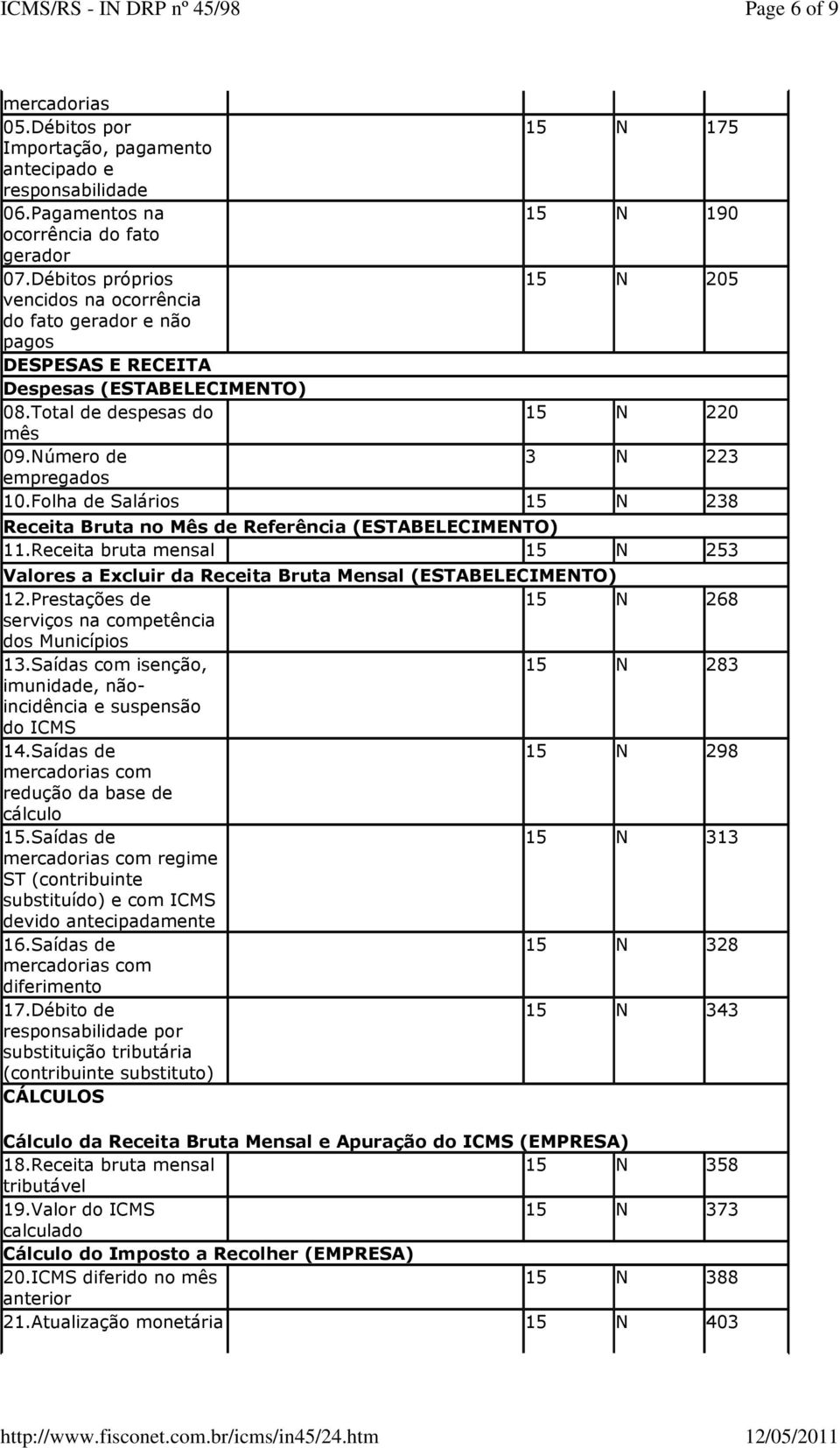 Folha de Salários 15 N 238 Receita Bruta no Mês de Referência (ESTABELECIMENTO) 11.Receita bruta mensal 15 N 253 Valores a Excluir da Receita Bruta Mensal (ESTABELECIMENTO) 12.