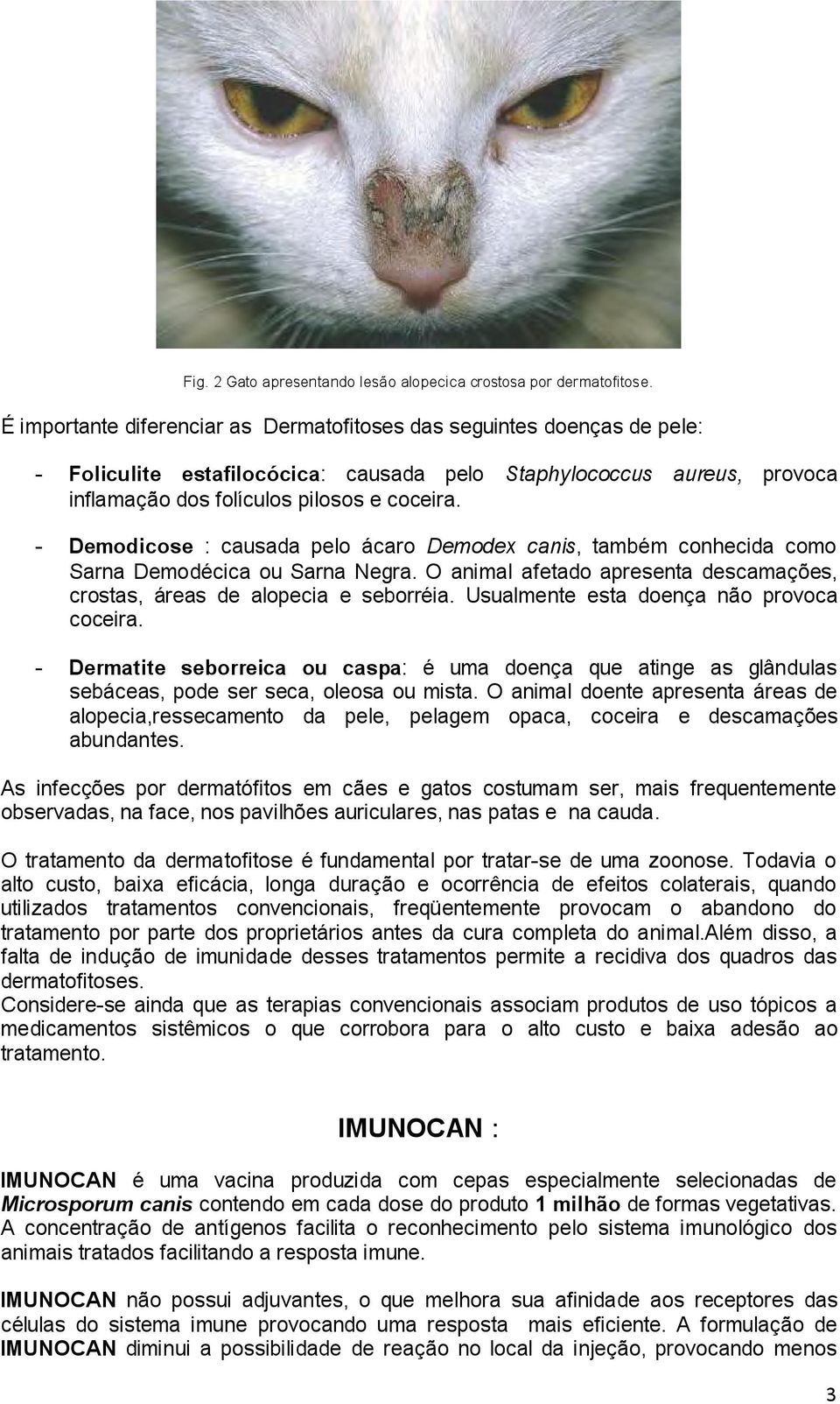 - Demodicose : causada pelo ácaro Demodex canis, também conhecida como Sarna Demodécica ou Sarna Negra. O animal afetado apresenta descamações, crostas, áreas de alopecia e seborréia.