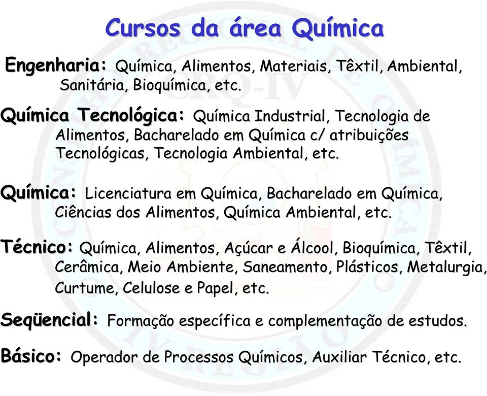 mica: Licenciatura em Química, Bacharelado em Química, Ciências dos Alimentos, Química Ambiental, etc.