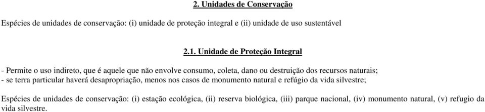 naturais; - se terra particular haverá desapropriação, menos nos casos de monumento natural e refúgio da vida silvestre; Espécies de