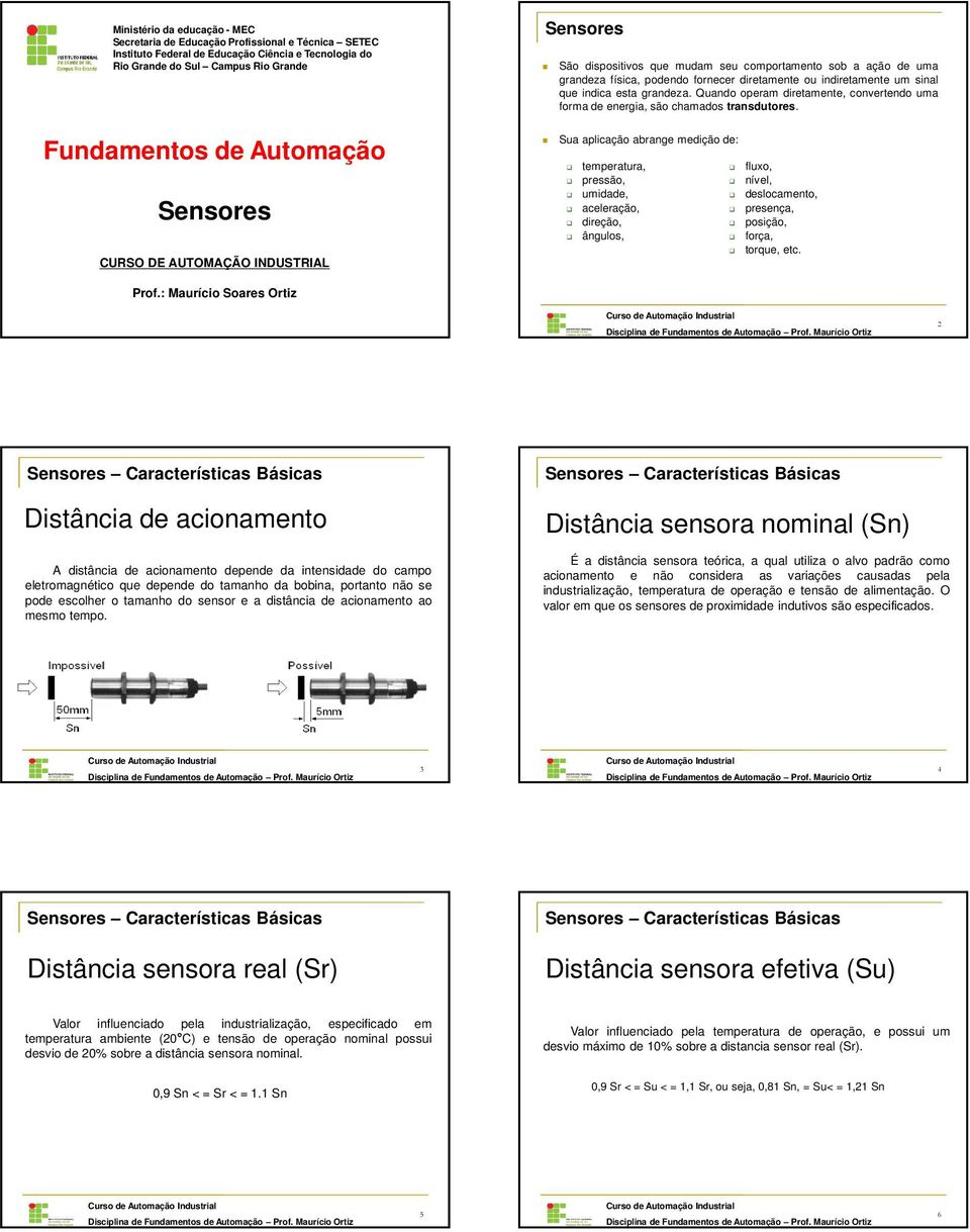 Quando operam diretamente, convertendo uma forma de energia, são chamados transdutores. Fundamentos de Automação Sensores CURSO DE AUTOMAÇÃO INDUSTRIAL Prof.