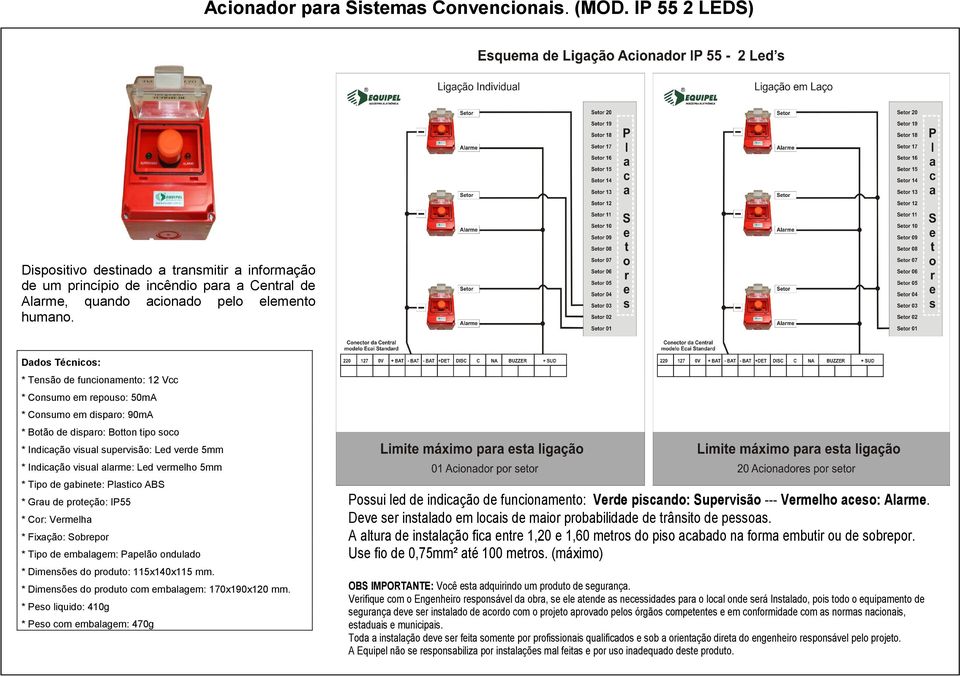 visual alarme: Led vermelho 5mm * Tipo de gabinete: Plastico ABS * Grau de proteção: IP55 * Cor: Vermelha * Fixação: Sobrepor * Tipo de embalagem: Papelão ondulado * Dimensões do produto: 115x140x115