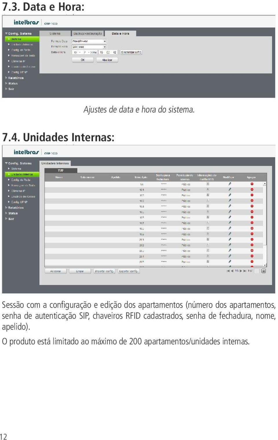 dos apartamentos, senha de autenticação SIP, chaveiros RFID cadastrados, senha