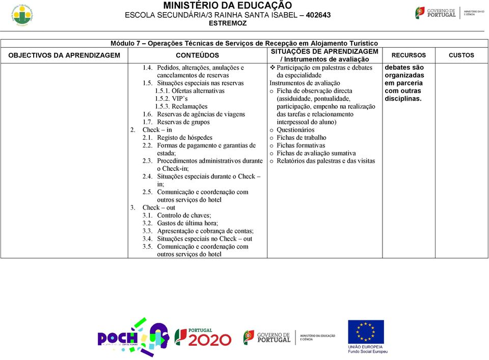 Reservas de agências de viagens das tarefas e relacionamento 1.7. Reservas de grupos 2. Check in o Questionários 2.1. Registo de hóspedes 2.2. Formas de pagamento e garantias de o Fichas formativas estada; 2.