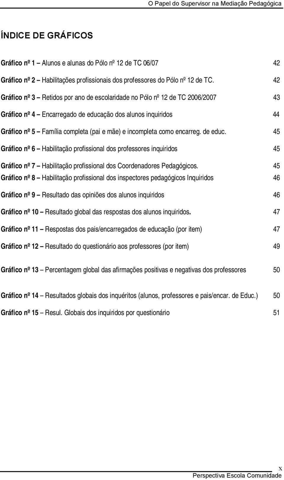 como encarreg. de educ. 45 Gráfico nº 6 Habilitação profissional dos professores inquiridos 45 Gráfico nº 7 Habilitação profissional dos Coordenadores Pedagógicos.