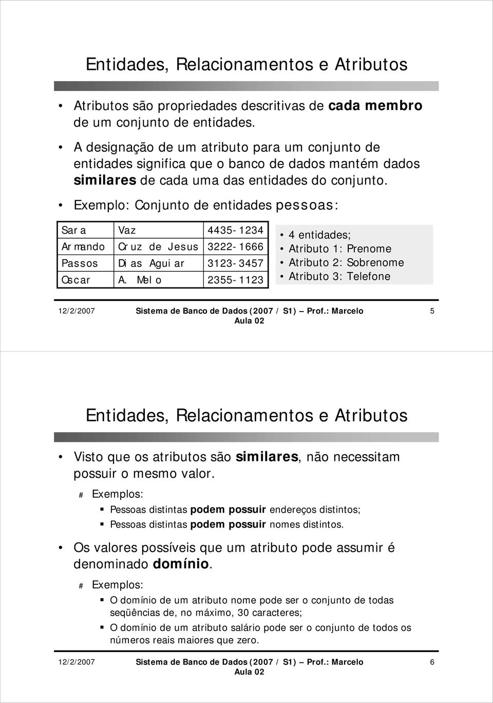 Exemplo: Conjunto de entidades pessoas: Sara Armando Passos Oscar Vaz Cruz de Jesus Dias Aguiar A.