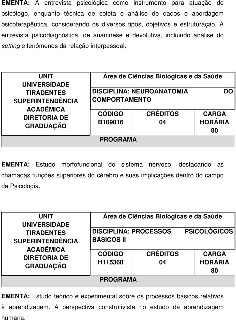 DISCIPLINA: NEUROANATOMIA COMPORTAMENTO B109016 DO EMENTA: Estudo morfofuncional do sistema nervoso, destacando as chamadas funções superiores do cérebro e suas implicações dentro do