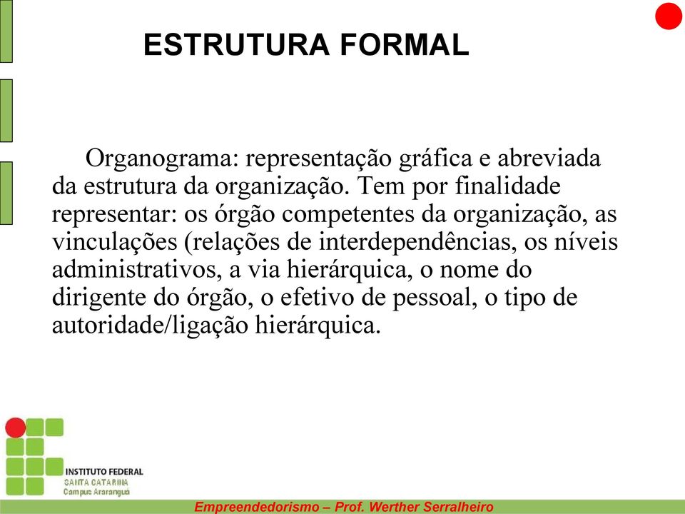 Tem por finalidade representar: os órgão competentes da organização, as vinculações