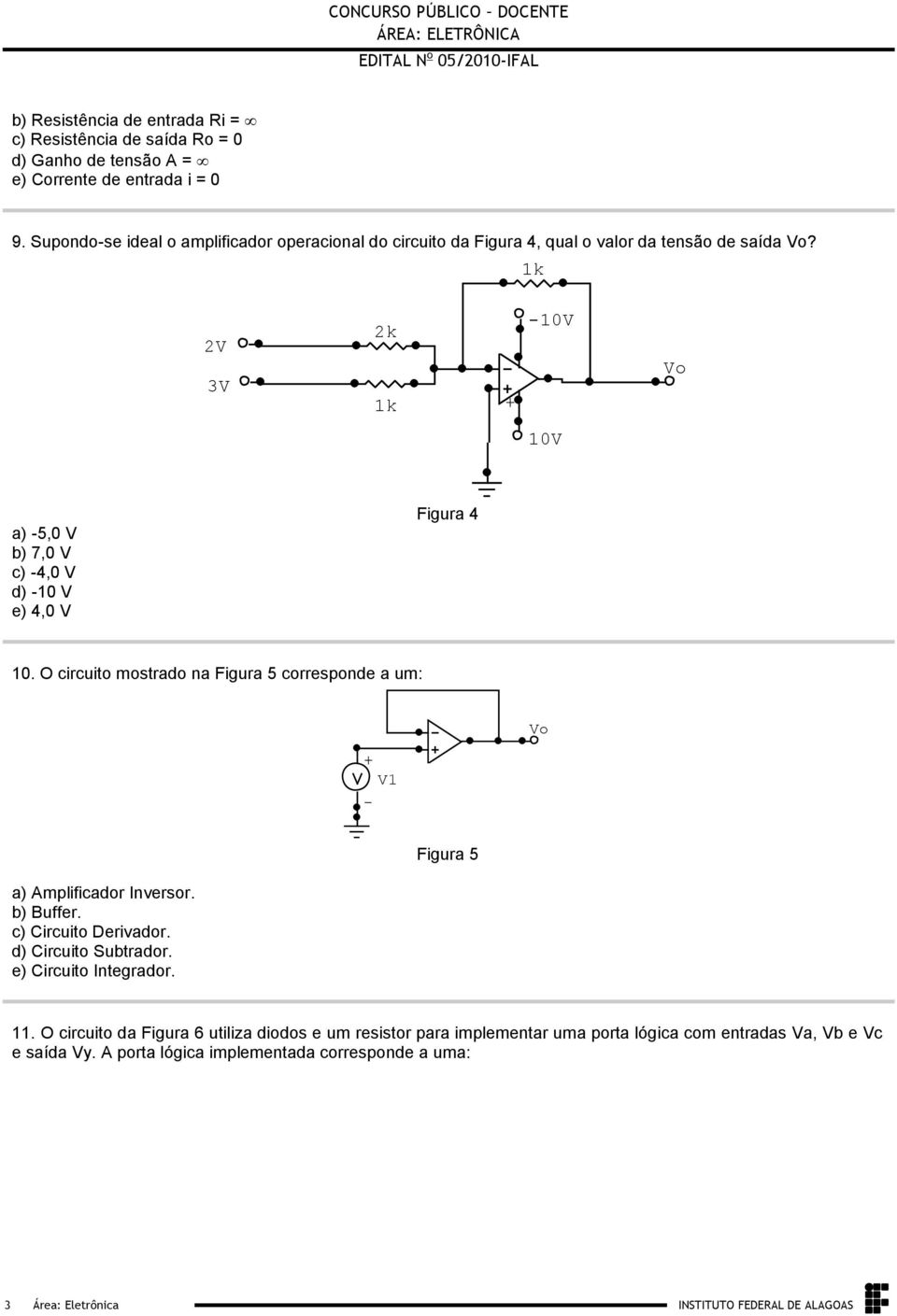 1k 2V 3V 2k 1k + -10V Vo 10V a) -5,0 V b) 7,0 V c) -4,0 V d) -10 V e) 4,0 V Figura 4 10 O circuito mostrado na Figura 5 corresponde a um: Vo + V1 - Figura 5 a) Amplificador