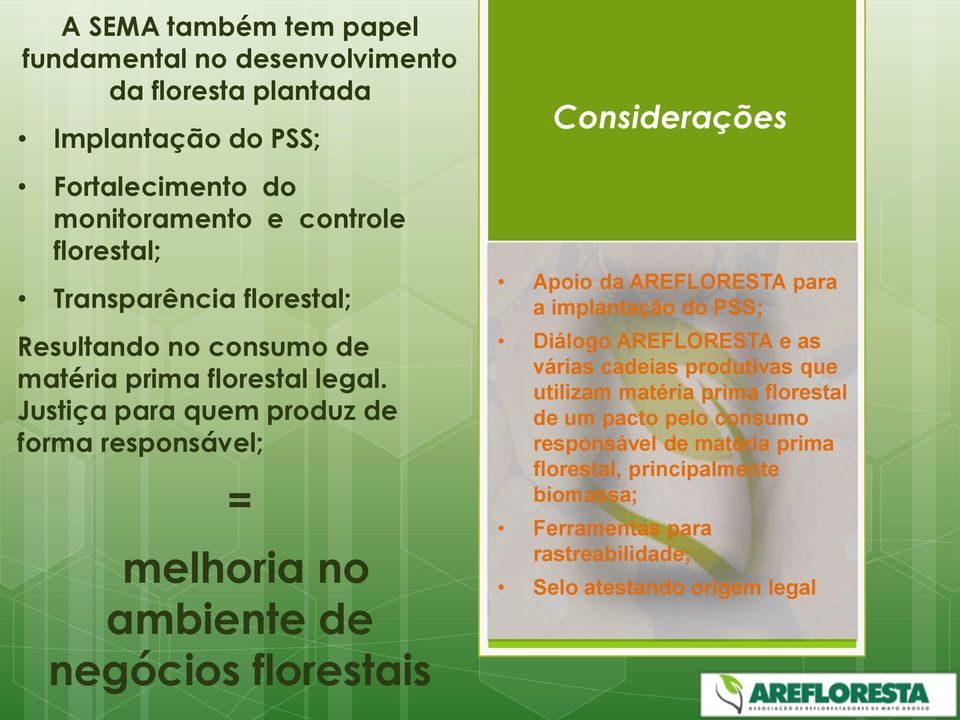 Justiça para quem produz de forma responsável; = melhoria no ambiente de negócios florestais Considerações Apoio da AREFLORESTA para a implantação do PSS;