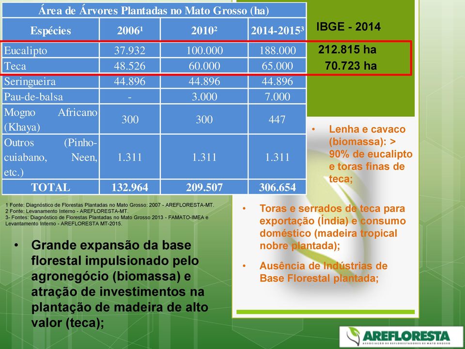 723 ha Lenha e cavaco (biomassa): > 90% de eucalipto e toras finas de teca; 1 Fonte: Diagnóstico de Florestas Plantadas no Mato Grosso: 2007 - AREFLORESTA-MT.