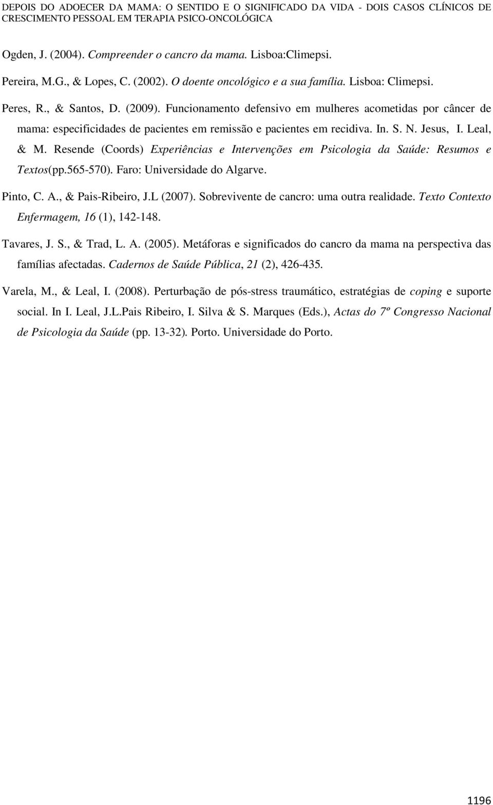 Funcionamento defensivo em mulheres acometidas por câncer de mama: especificidades de pacientes em remissão e pacientes em recidiva. In. S. N. Jesus, I. Leal, & M.