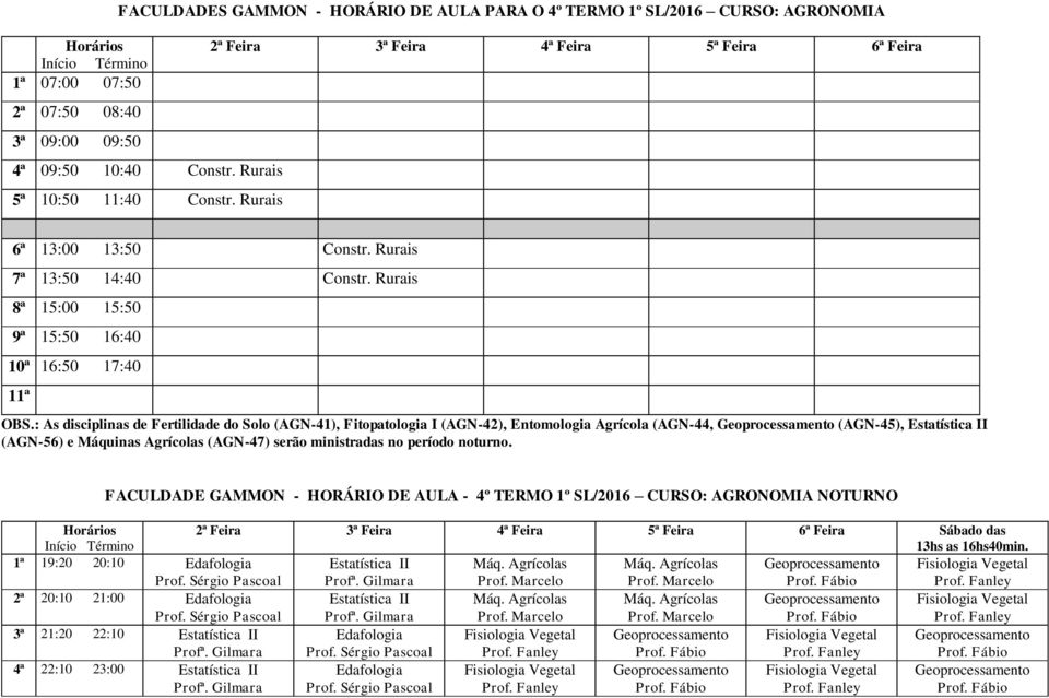 : As disciplinas de Fertilidade do Solo (AGN-41), Fitopatologia I (AGN-42), Entomologia Agrícola (AGN-44, (AGN-45), Estatística II (AGN-56) e Máquinas Agrícolas (AGN-47) serão ministradas no