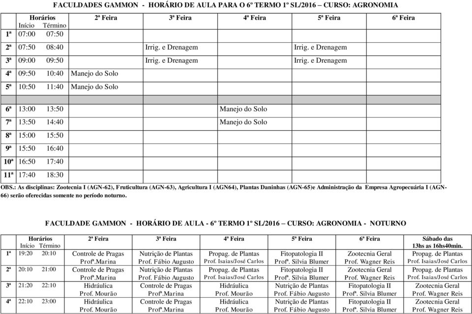 e Drenagem 4ª 09:50 10:40 Manejo do Solo 5ª 10:50 11:40 Manejo do Solo 6ª 13:00 13:50 Manejo do Solo 7ª 13:50 14:40 Manejo do Solo 8ª 15:00 15:50 9ª 15:50 16:40 11ª 17:40 18:30 OBS.