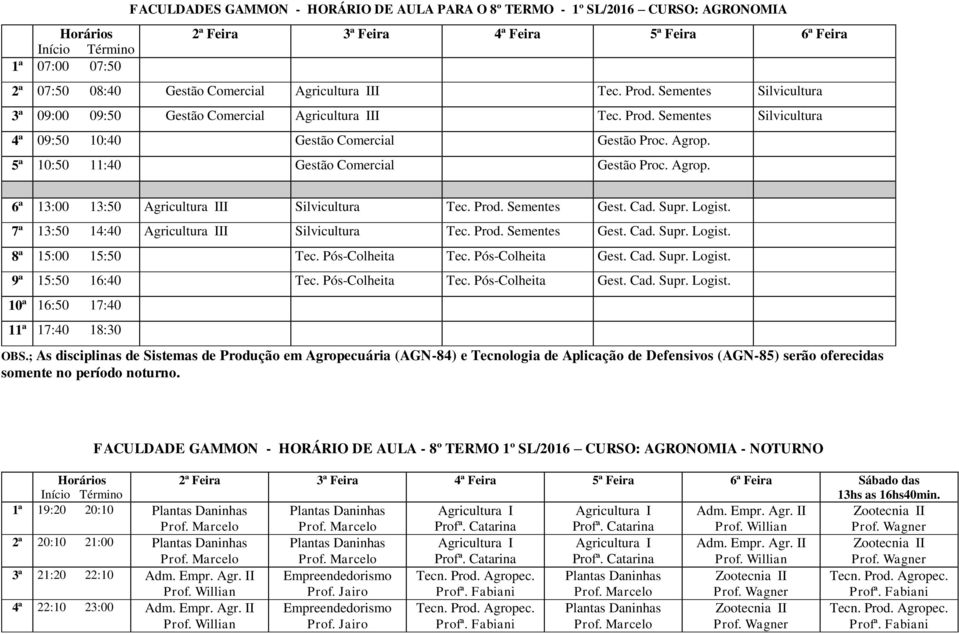 Agrop. 6ª 13:00 13:50 Agricultura III Silvicultura Tec. Prod. Sementes Gest. Cad. Supr. Logist. 7ª 13:50 14:40 Agricultura III Silvicultura Tec. Prod. Sementes Gest. Cad. Supr. Logist. 8ª 15:00 15:50 Tec.