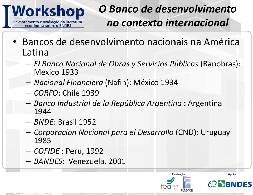 (Nafin): México 1934 CORFO: Chile 1939 Banco Industrial de la República Argentina : Argentina 1944 BNDE: