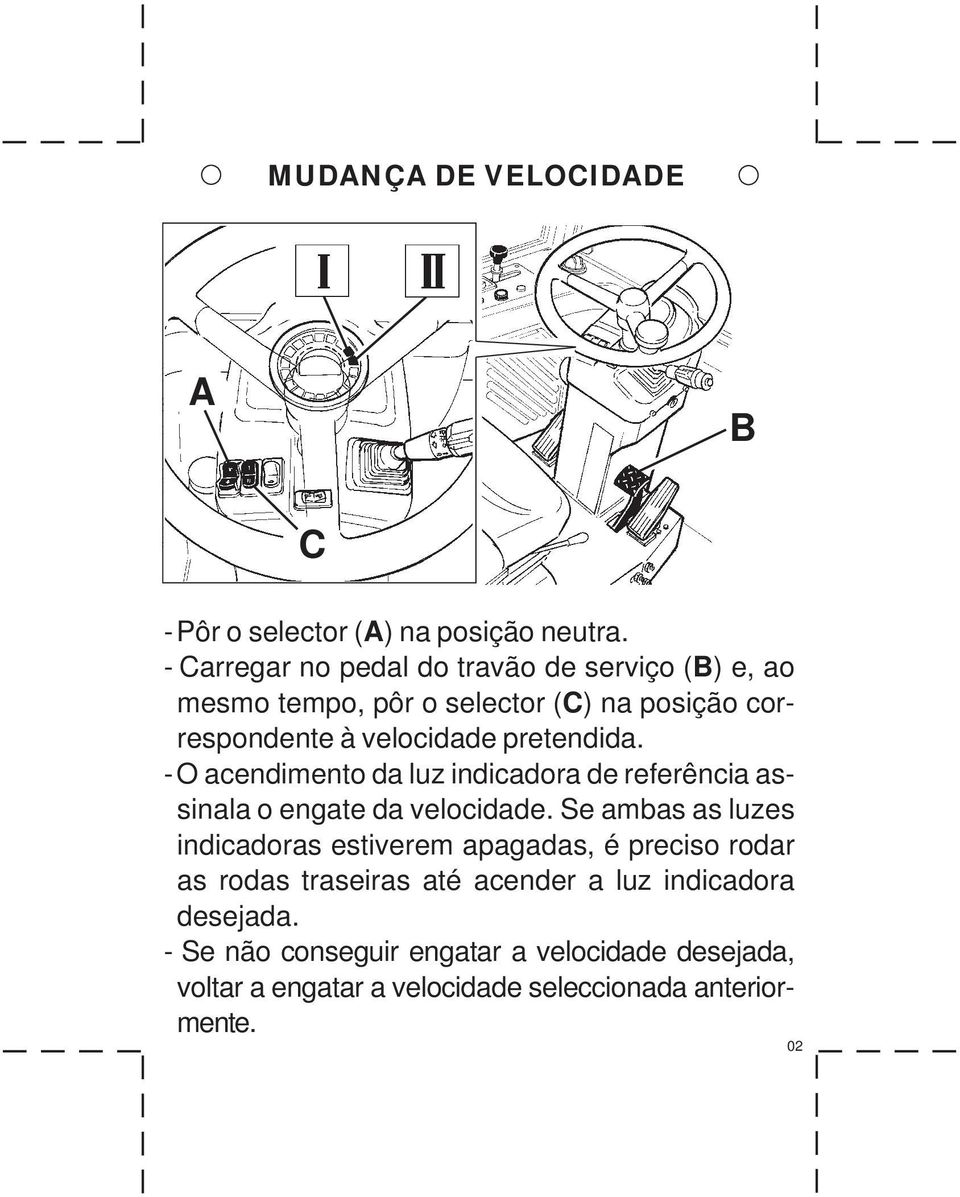 pretendida. - O acendimento da luz indicadora de referência assinala o engate da velocidade.