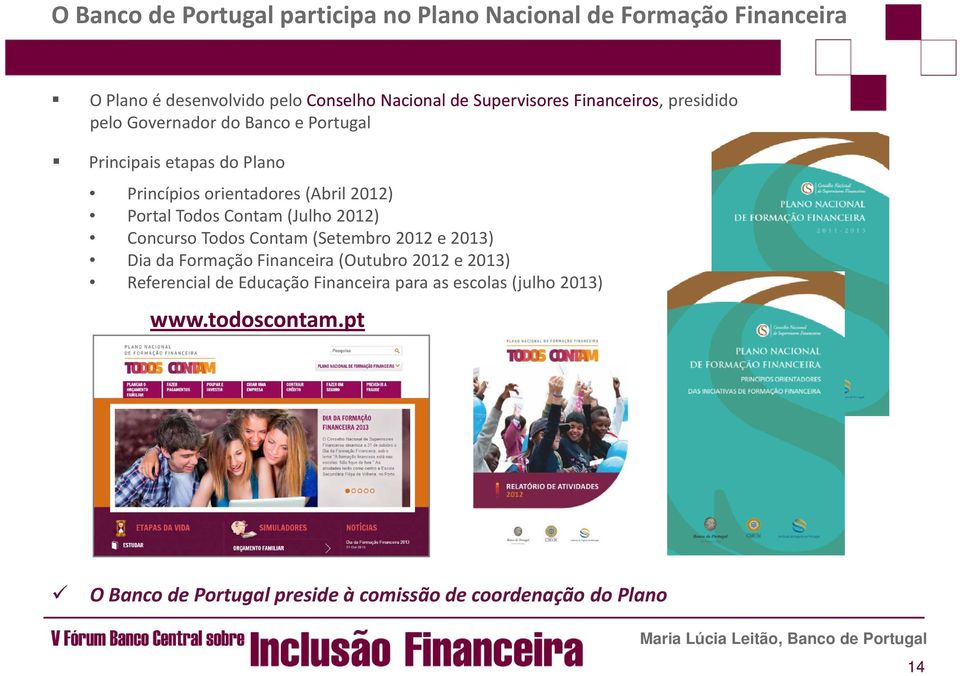 Todos Contam (Julho 2012) Concurso Todos Contam (Setembro 2012 e 2013) Dia da Formação Financeira (Outubro 2012 e 2013) Referencial