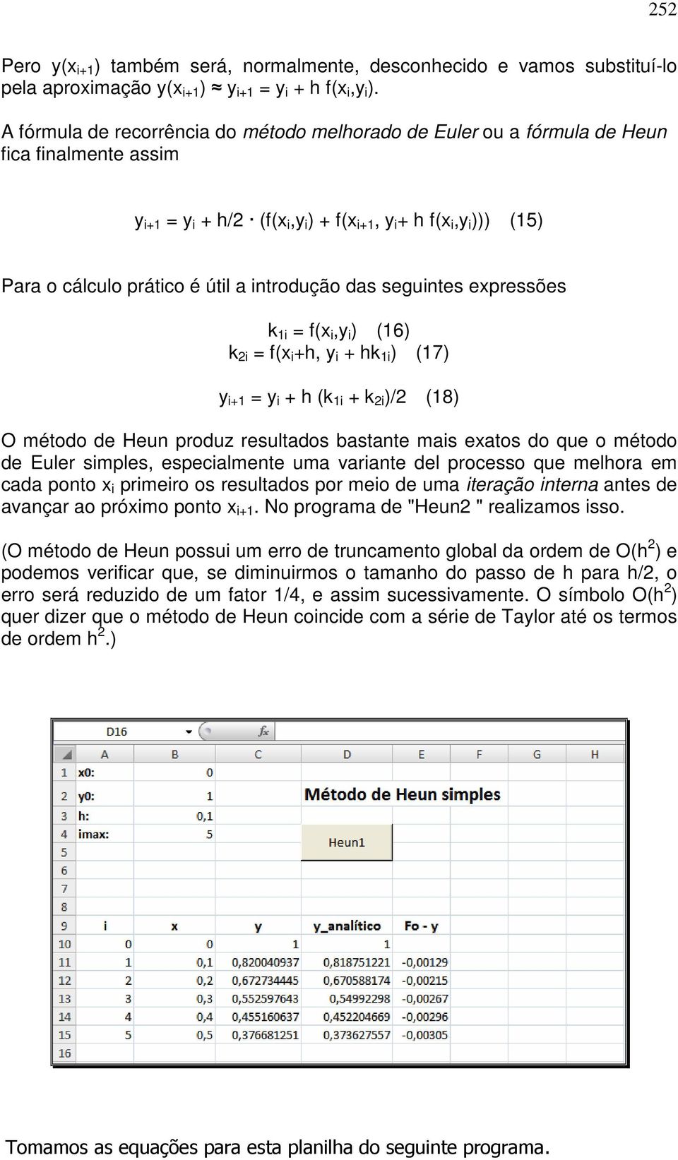 introdução das seguintes expressões k 1i = f(x i,y i ) (16) k 2i = f(x i +h, y i + hk 1i ) (17) y i+1 = y i + h (k 1i + k 2i )/2 (18) O método de Heun produz resultados bastante mais exatos do que o