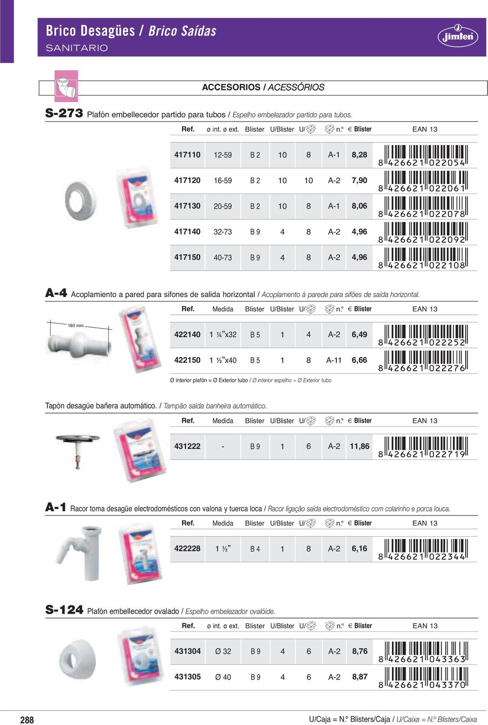 Blister EAN 13 417110 12-59 B 2 10 8 A-1 8,28 417120 16-59 B 2 10 10 7,90 417130 20-59 B 2 10 8 A-1 8,06 417140 32-73 B 9 4 8 4,96 4171 40-73 B 9 4 8 4,96 A-4 Acoplamiento a pared para sifones de