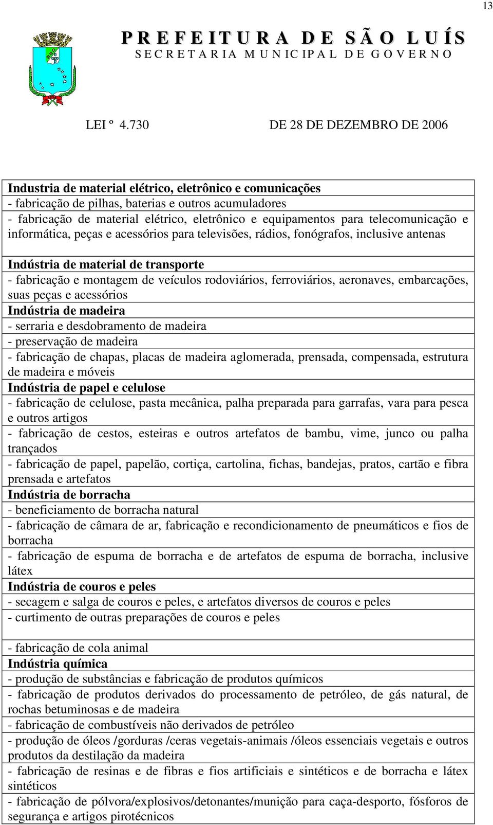 embarcações, suas peças e acessórios Indústria de madeira - serraria e desdobramento de madeira - preservação de madeira - fabricação de chapas, placas de madeira aglomerada, prensada, compensada,