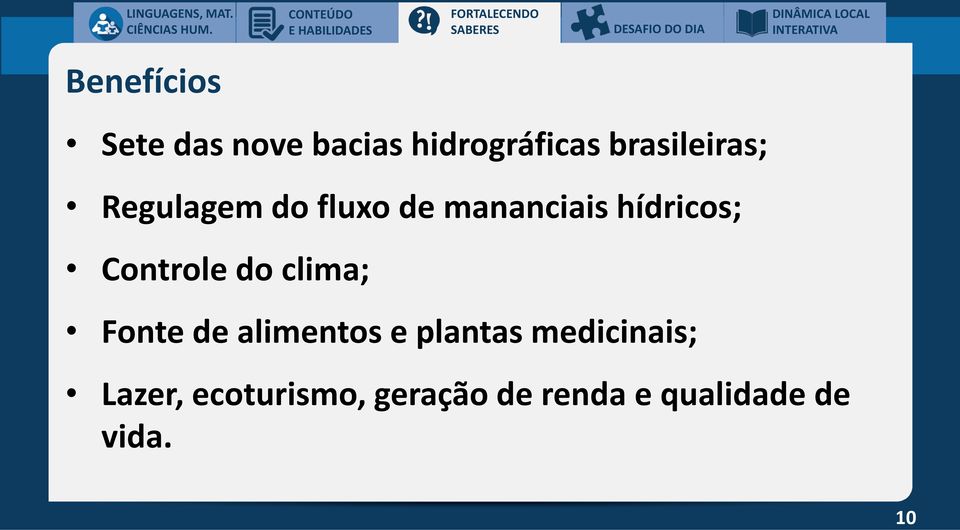 Regulagem do fluxo de mananciais hídricos; Controle do clima; Fonte de