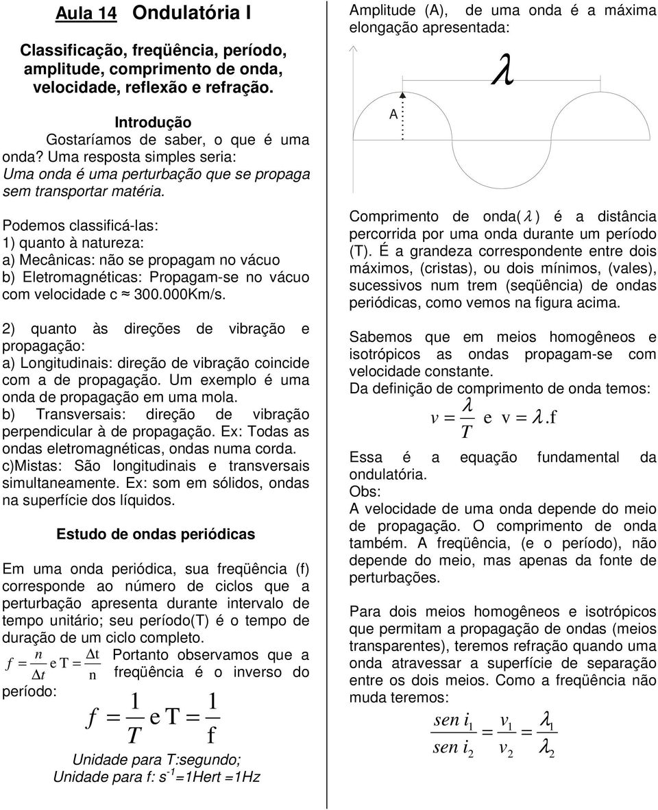 Podemos classificálas: 1) quanto à natureza: a) Mecânicas: não se propagam no vácuo b) letromagnéticas: Propagamse no vácuo com velocidade c 300.000Km/s.