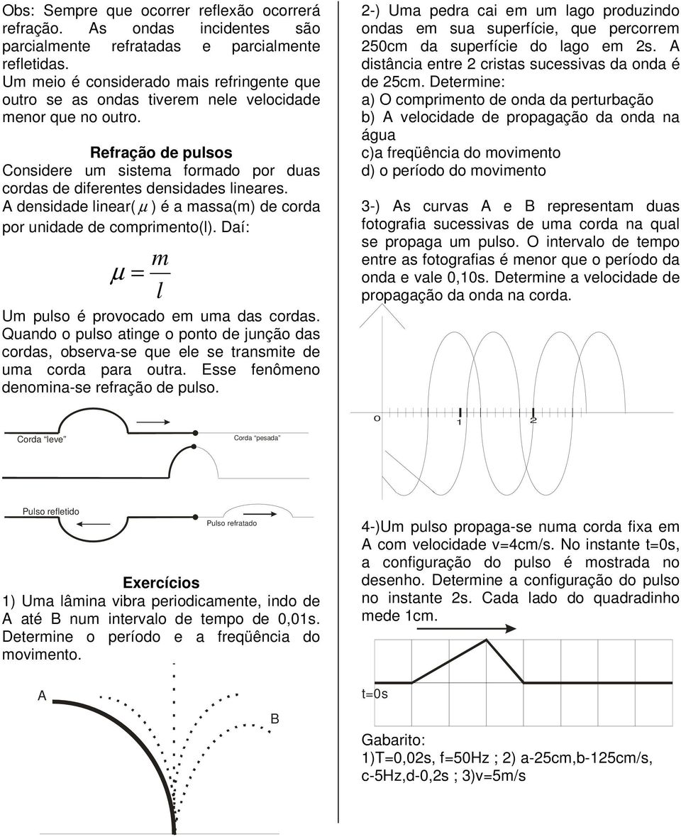 Refração de pulsos Considere um sistema formado por duas cordas de diferentes densidades lineares. densidade linear( µ ) é a massa(m) de corda por unidade de comprimento(l).