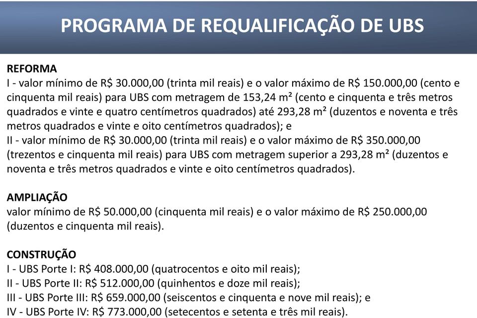 metros quadrados e vinte e oito centímetros quadrados); e II - valor mínimo de R$ 30.000,00 (trinta mil reais) e o valor máximo de R$ 350.