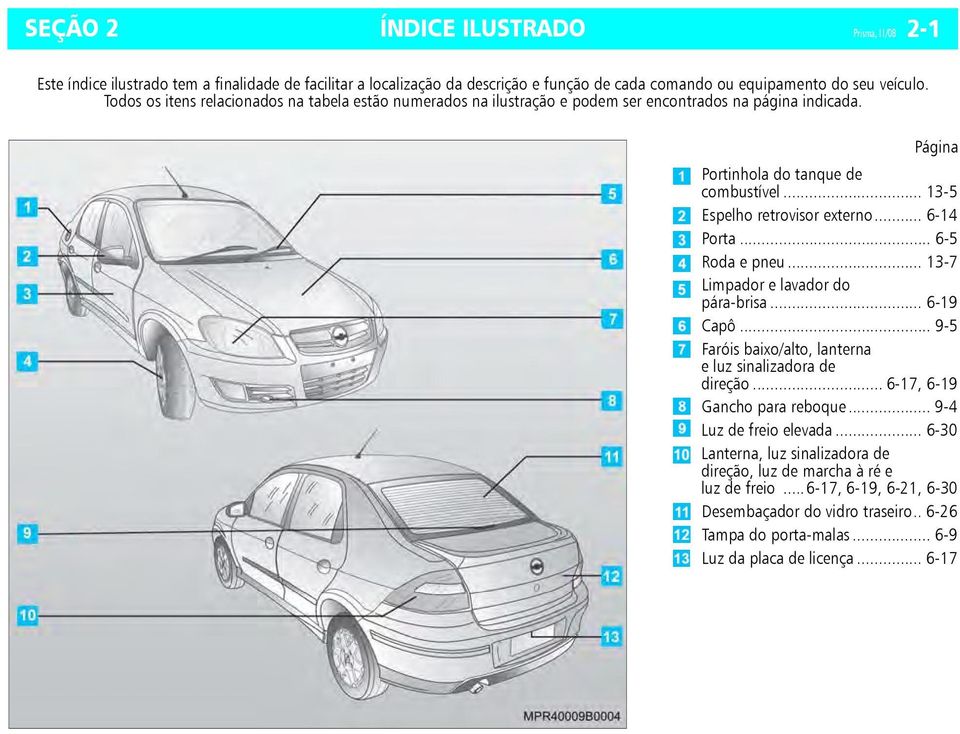 .. 6-14 Porta... 6-5 Roda e pneu... 13-7 Limpador e lavador do pára-brisa... 6-19 Capô... 9-5 Faróis baixo/alto, lanterna e luz sinalizadora de direção... 6-17, 6-19 Gancho para reboque.