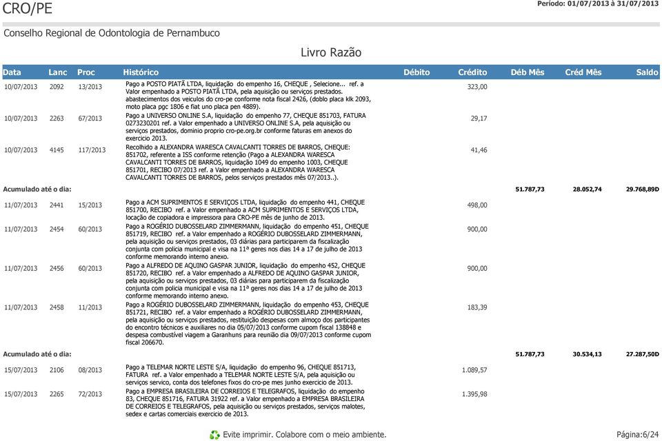 A, liquidação do empenho 77, CHEQUE 851703, FATURA 0273230201 ref. a Valor empenhado a UNIVERSO ONLINE S.A, pela aquisição ou serviços prestados, dominio proprio cro-pe.org.