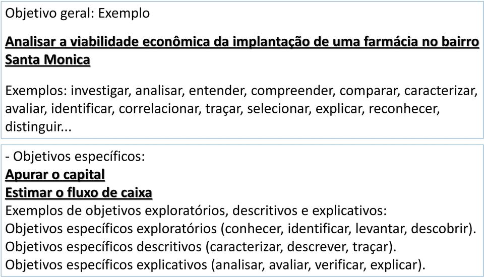 .. - Objetivos específicos: Apurar o capital Estimar o fluxo de caixa Exemplos de objetivos exploratórios, descritivos e explicativos: Objetivos específicos