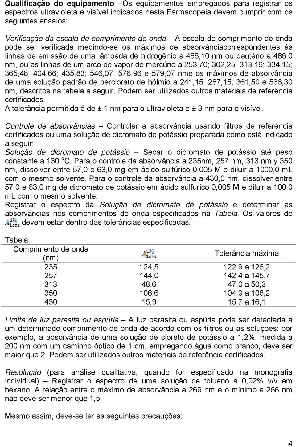 486,0 nm, ou as linhas de um arco de vapor de mercúrio a 253,70; 302,25; 313,16; 334,15; 365,48; 404,66; 435,83; 546,07; 576,96 e 579,07 nme os máximos de absorvância de uma solução padrão de