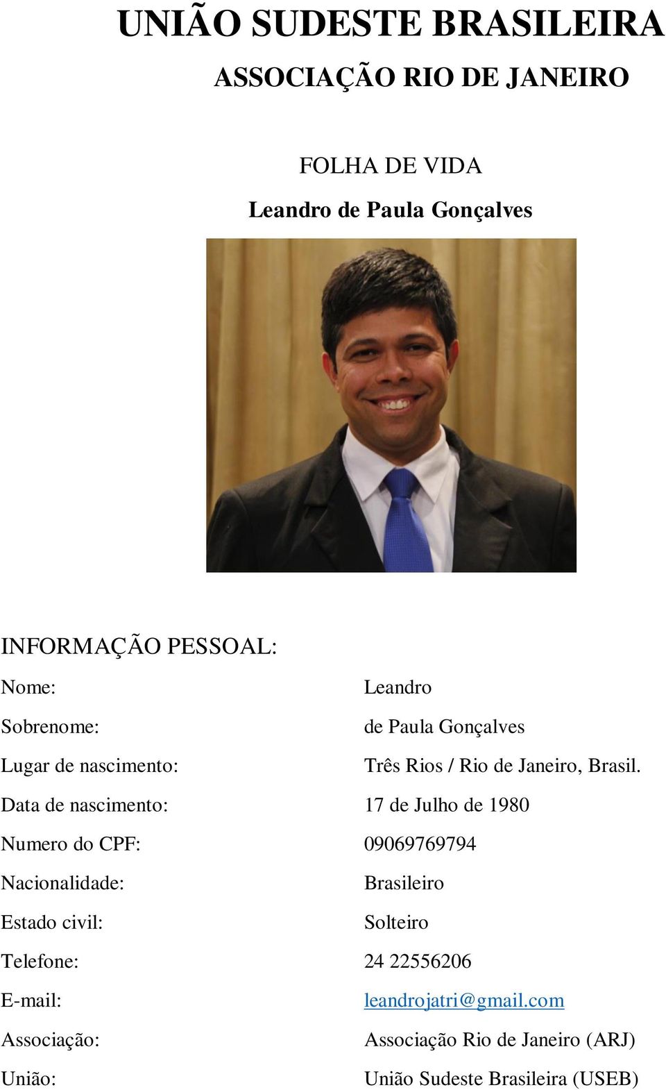 Data de nascimento: 17 de Julho de 1980 Numero do CPF: 09069769794 Nacionalidade: Estado civil: Brasileiro Solteiro