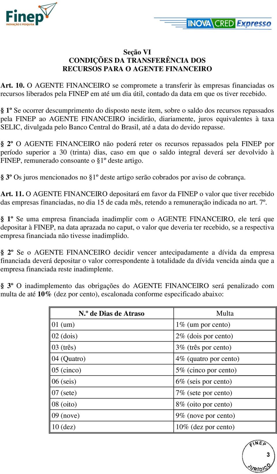 1º Se ocorrer descumprimento do disposto neste item, sobre o saldo dos recursos repassados pela FINEP ao AGENTE FINANCEIRO incidirão, diariamente, juros equivalentes à taxa SELIC, divulgada pelo