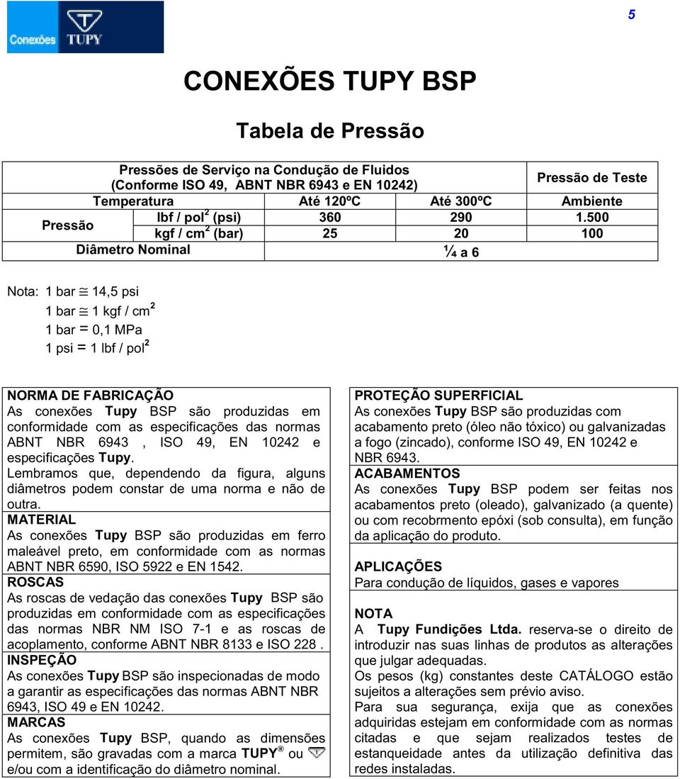 500 Pressão kgf / cm 2 (bar) 25 20 100 Diâmetro ¼ a 6 Nota: 1 bar 14,5 psi 1 bar 1 kgf / cm 2 1 bar = 0,1 MPa 1 psi = 1 lbf / pol 2 NORMA DE FABRICAÇÃO As conexões Tupy BSP são produzidas em