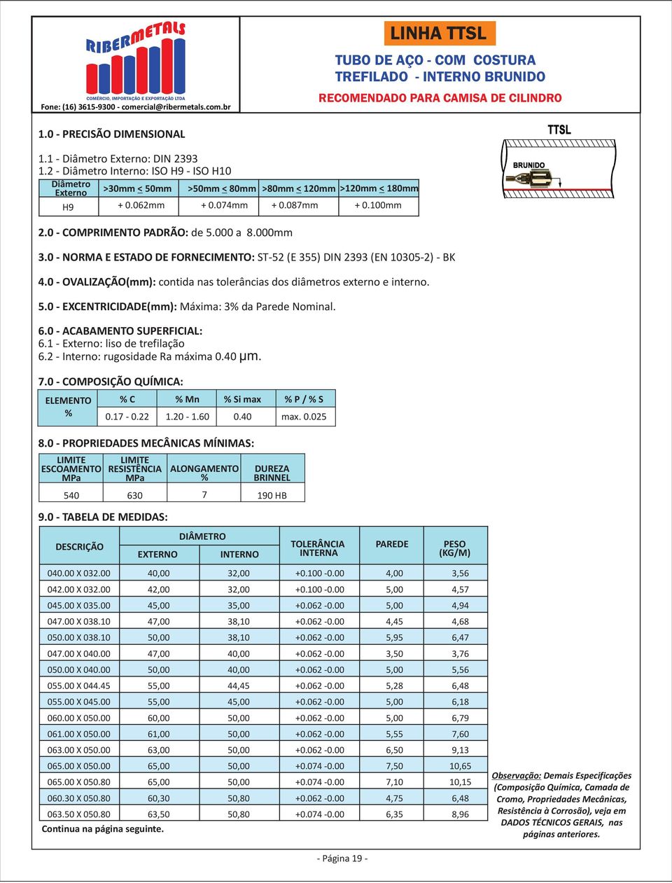 0 COMPRIMENTO PADRÃO: de 5.000 a 8.000mm 3.0 NORMA E ESTADO DE FORNECIMENTO: ST52 (E 355) DIN 2393 (EN 103052) BK 4.0 OVALIZAÇÃO: contida nas tolerâncias dos diâmetros externo e interno. 5.0 EXCENTRICIDADE: Máxima: 3% da Parede Nominal.