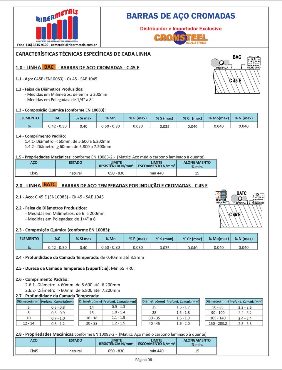 3 Composição Química (conforme EN 83): BARRAS DE AÇO CROMADAS ELEMENTO %C % Si max % Mn % P (max) % S (max) % Cr (max) % Mo(max) % Ni(max) % 0.42 0.50 0.40 0.50 0.80 0.030 0.040 0.040 0.040 1.