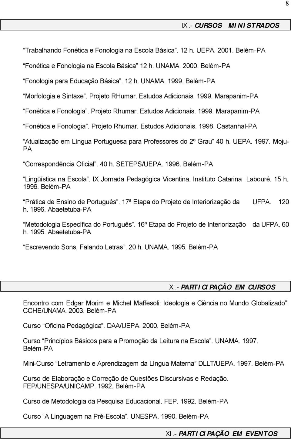 Castanhal-PA Atualização em Língua Portuguesa para Professores do 2º Grau 40 h. UEPA. 1997. Moju- PA Correspondência Oficial. 40 h. SETEPS/UEPA. 1996. Lingüística na Escola.