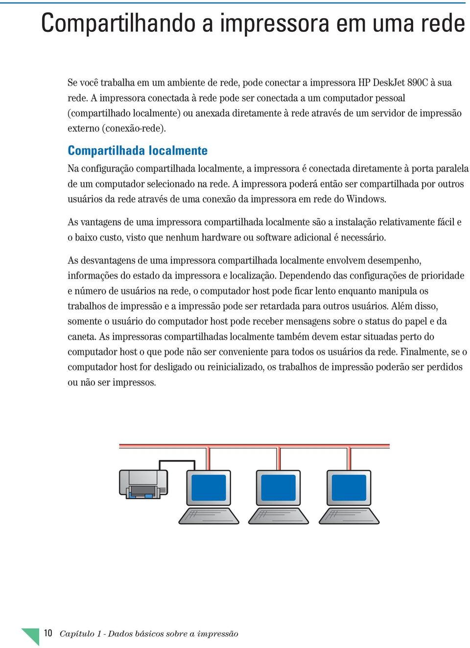 Compartilhada localmente Na configuração compartilhada localmente, a impressora é conectada diretamente à porta paralela de um computador selecionado na rede.