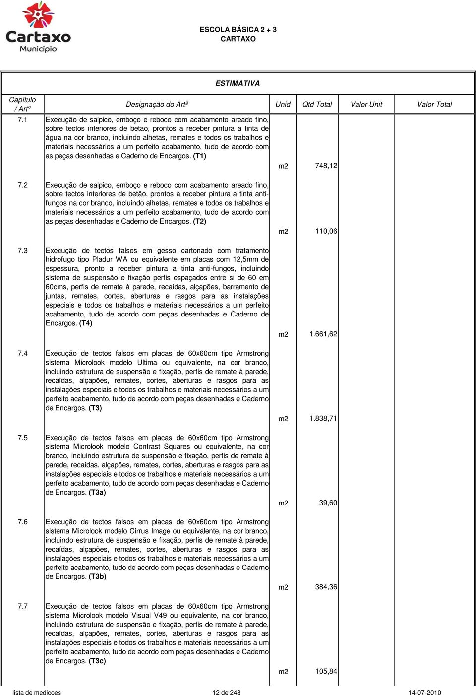 trabalhos e materiais necessários a um perfeito acabamento, tudo de acordo com as peças desenhadas e Caderno de Encargos. (T1) m2 748,12 7.