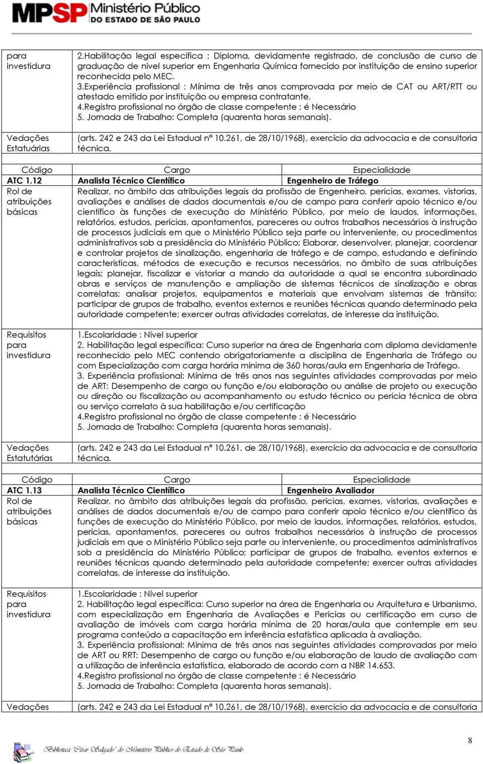 12 Analista Técnico Científico Engenheiro de Tráfego Realizar, no âmbito das legais da profissão de Engenheiro, perícias, exames, vistorias, avaliações e análises de dados documentais e/ou de campo