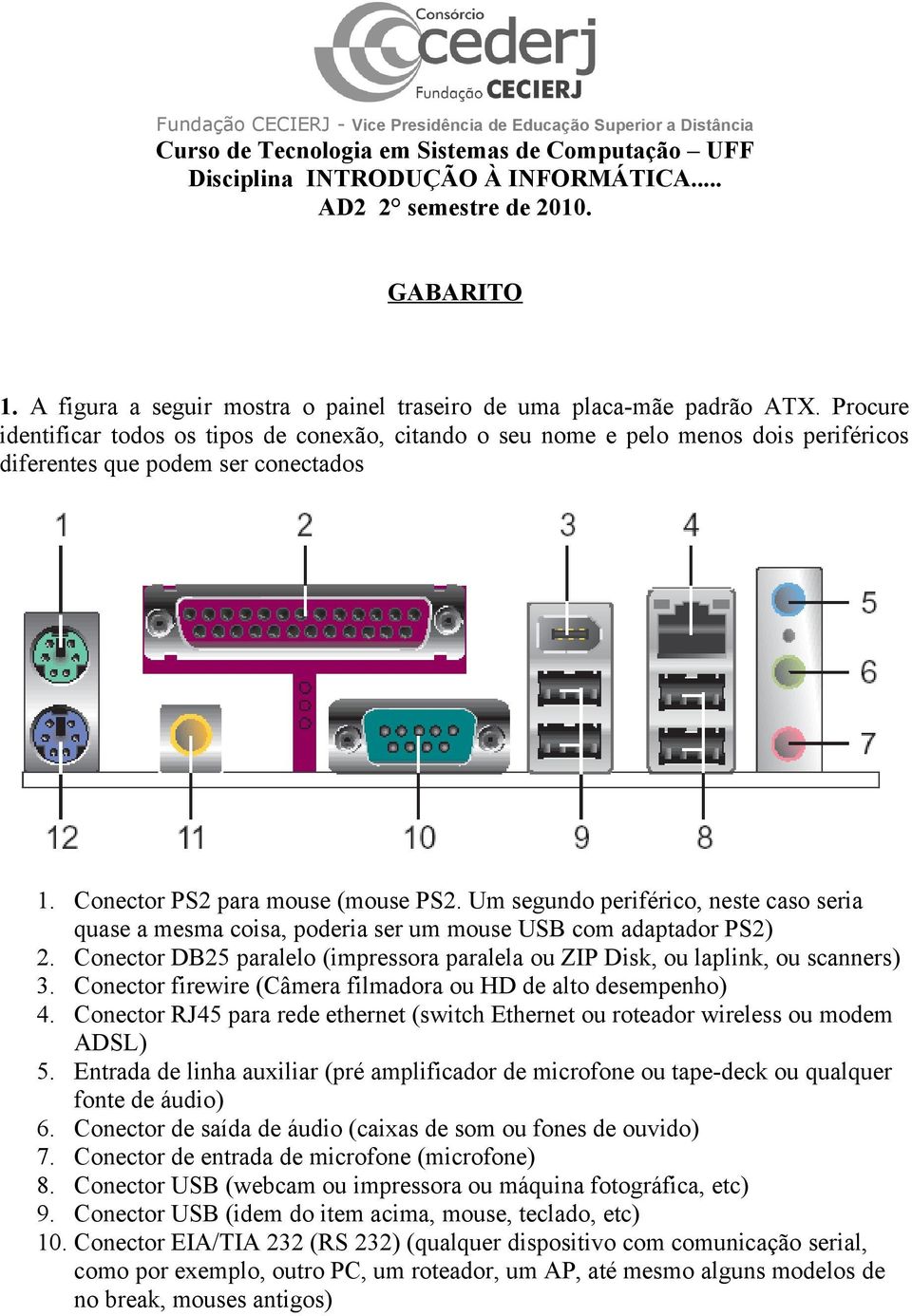 Procure identificar todos os tipos de conexão, citando o seu nome e pelo menos dois periféricos diferentes que podem ser conectados 1. Conector PS2 para mouse (mouse PS2.