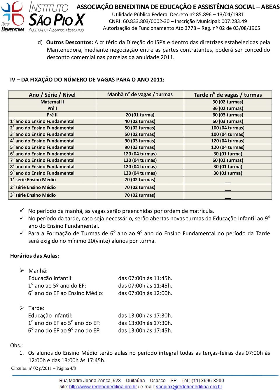 nº 02 p/2011 Página 4/8 30 (02 turmas) 36 (02 turmas) Pré II 20 (01 turma) 60 (03 turmas) 1 o ano do Ensino Fundamental 40 (02 turmas) 60 (03 turmas) 2 o ano do Ensino Fundamental 50 (02 turmas) 100